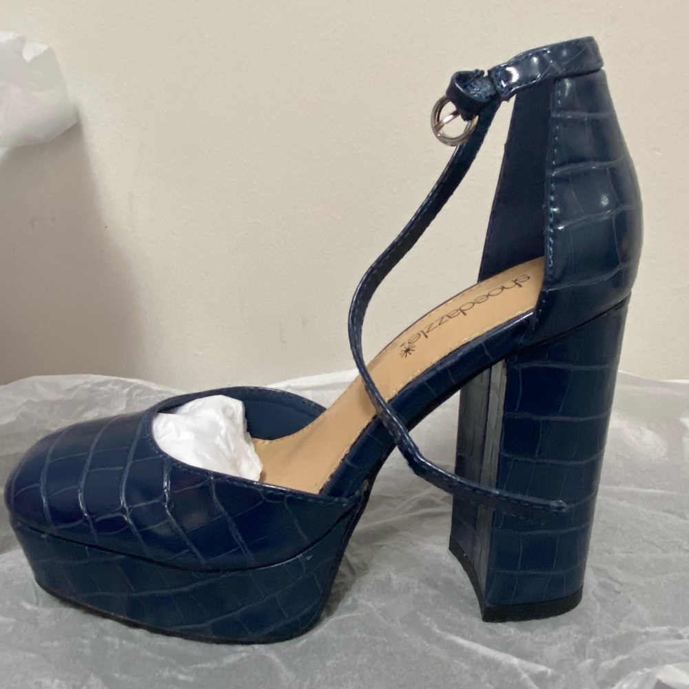 Blue Croc-Embossed Platform Heels